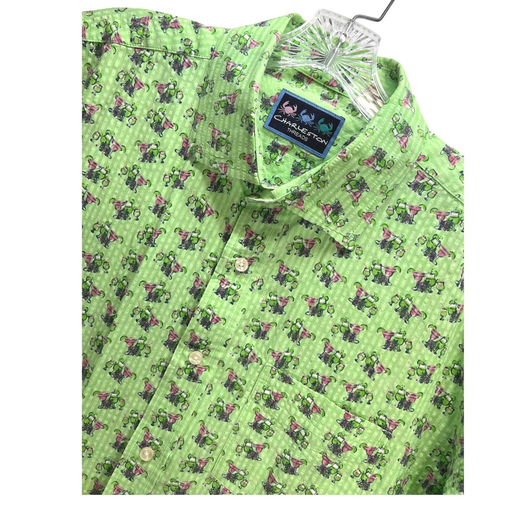 Charleston Threads Mens Green Seersucker Margarita Cocktail Print Shirt XL